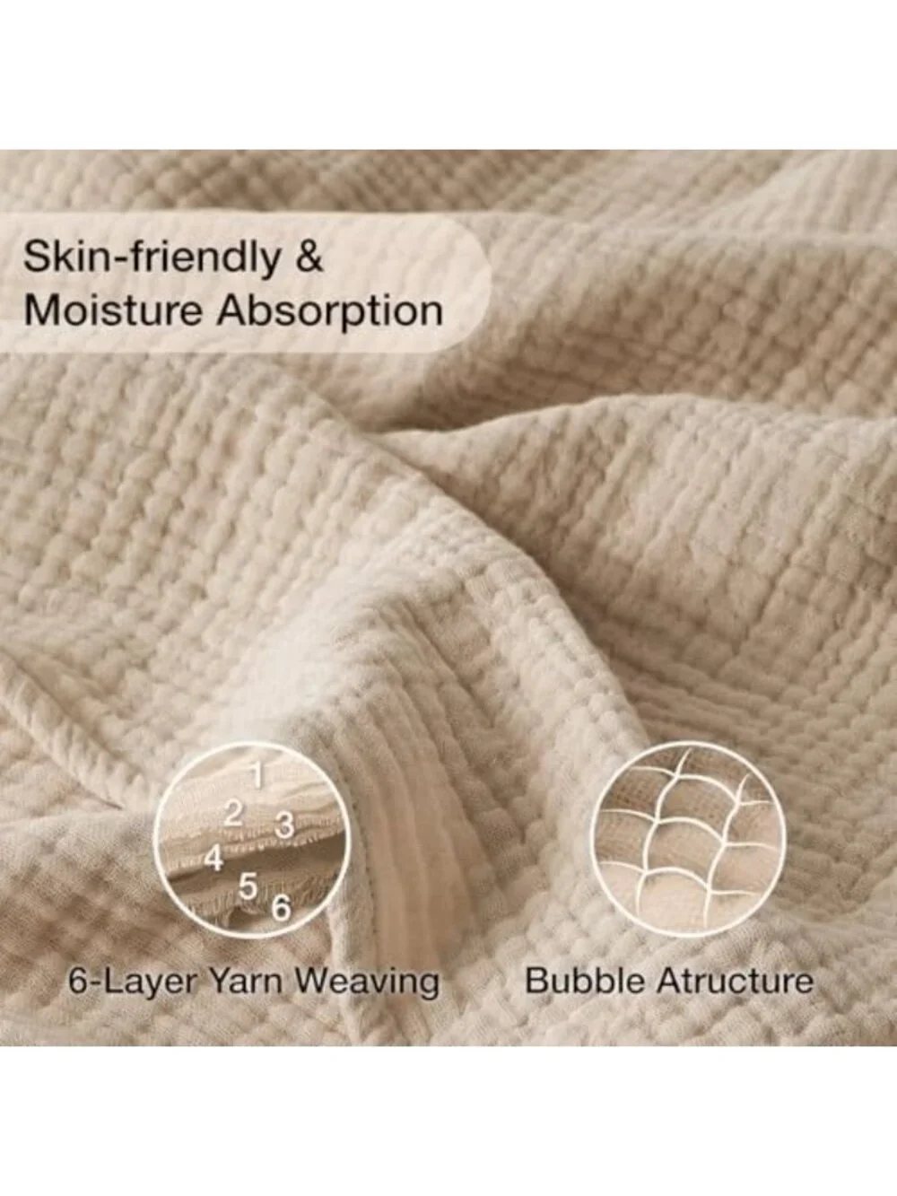 Cozy 100% Cotton Muslin Throw Blanket, 6-Layer, 50x60, Soft Beige Home Decor